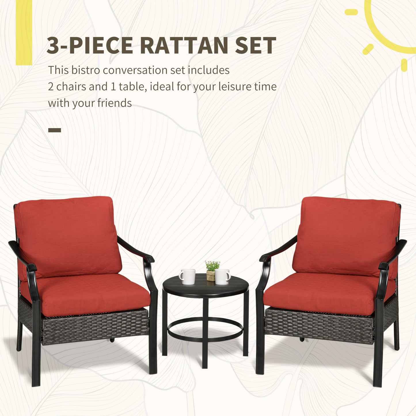 Outsunny 3 Pieces Patio Wicker Bistro Set, Outdoor PE Rattan Balcony Furniture with Soft Padded Cushions & Iron Plate Top Table for Garden, Backyard, Red