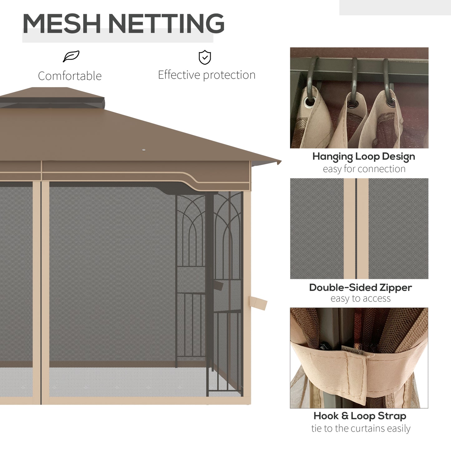 12' x 10' Patio Gazebo Outdoor Canopy Shelter with Double Tier Roof and Netting Sidewalls, Brown