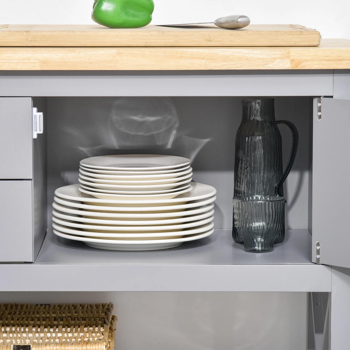 Utility Kitchen Cart Rolling Kitchen Island Storage Trolley with Rubberwood Top, 2 Drawers, Towel Rack, Grey