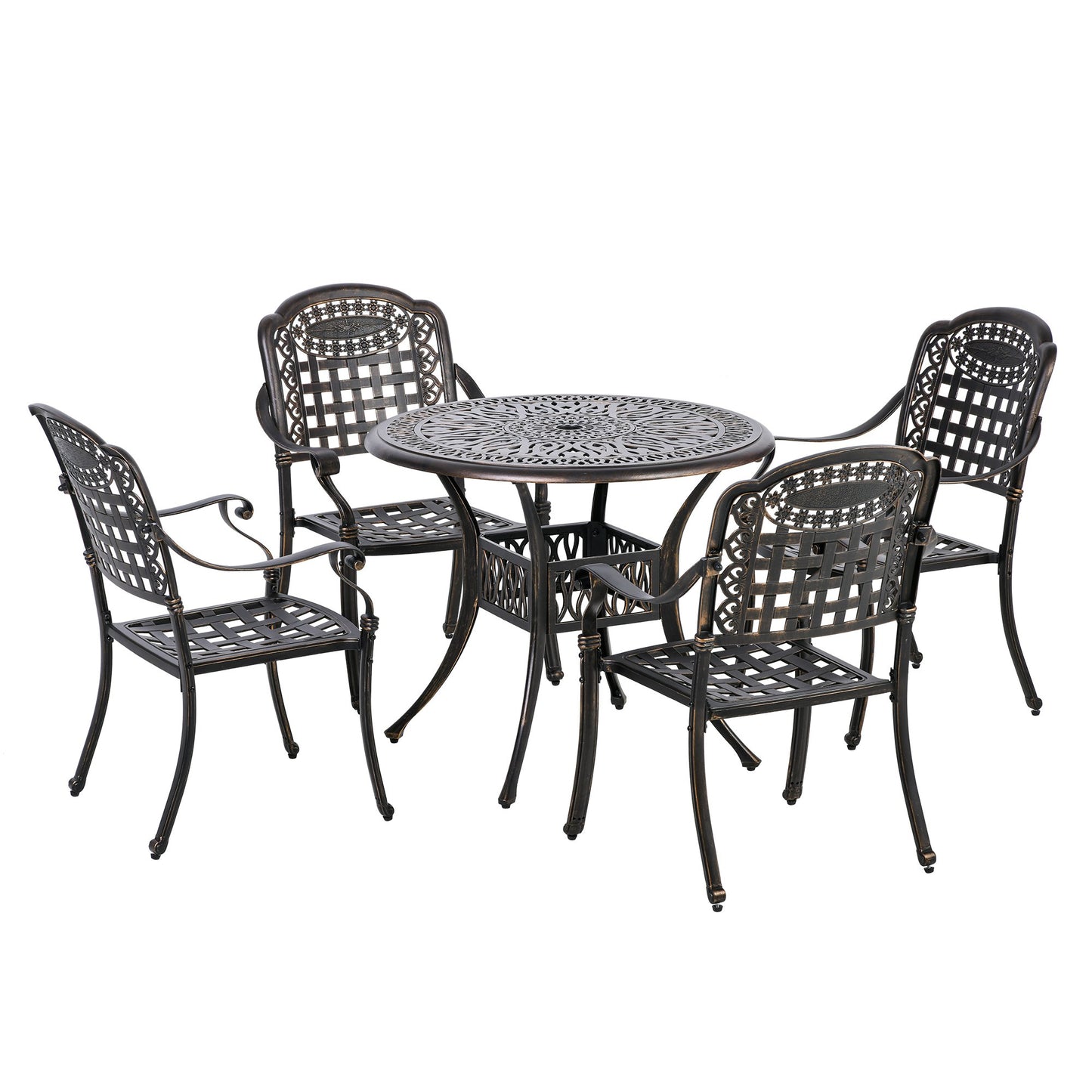 Outsunny 5-Piece Outdoor Patio Dining Set with 4 Armchairs & 1 Table with Umbrella Hole Cast Aluminium