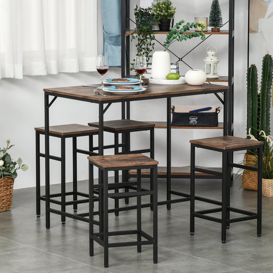 Rectangular Bar Table Set with 4 Stools for Dining Room, Kitchen, Dinette, Black, Rustic Brown