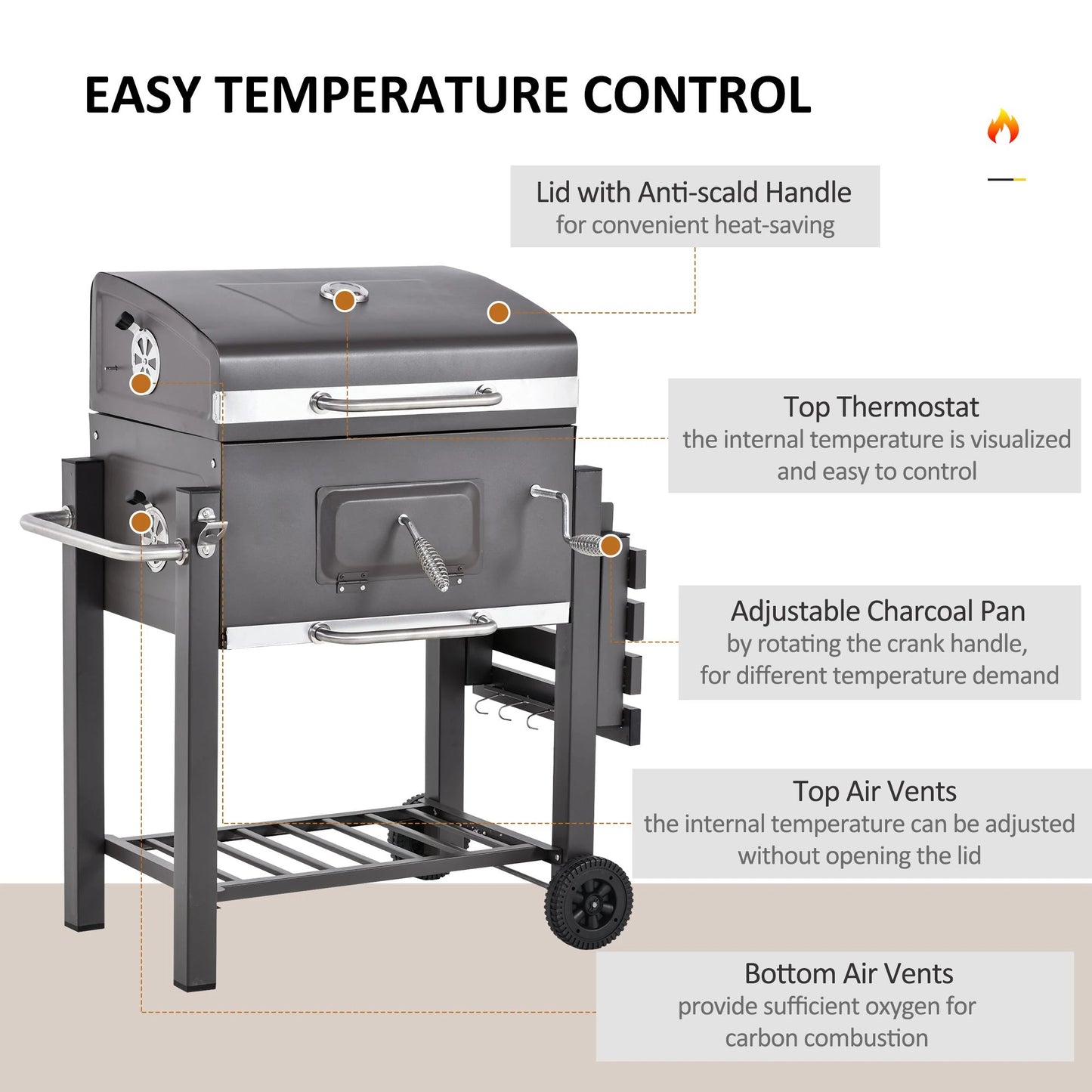 Outsunny Charcoal Grill BBQ Trolley Smoker Camping Picnic Portable Backyard with Side Shelf