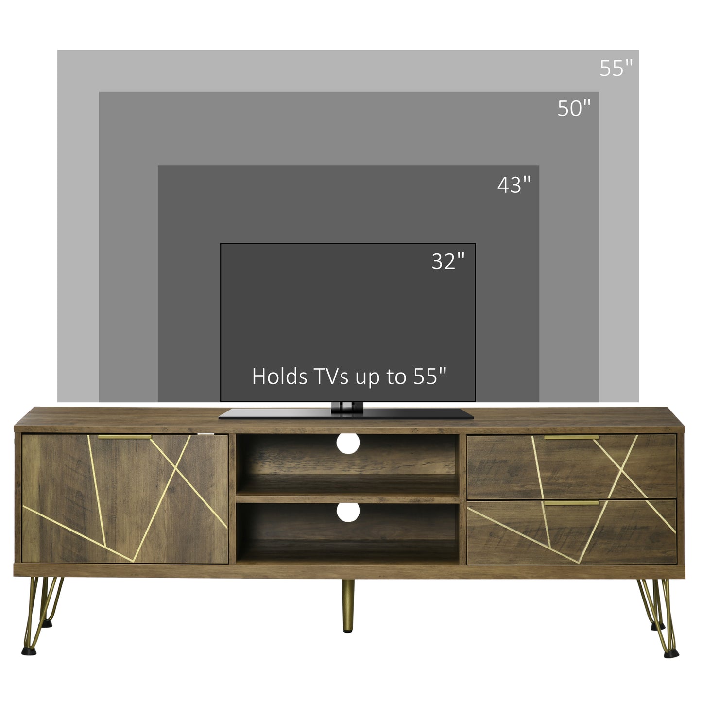 TV Stand for TVs up to 55", TV Unit with Storage Cupboard, Drawers, and Steel Legs, 59.1"x15.4"x20", Natural