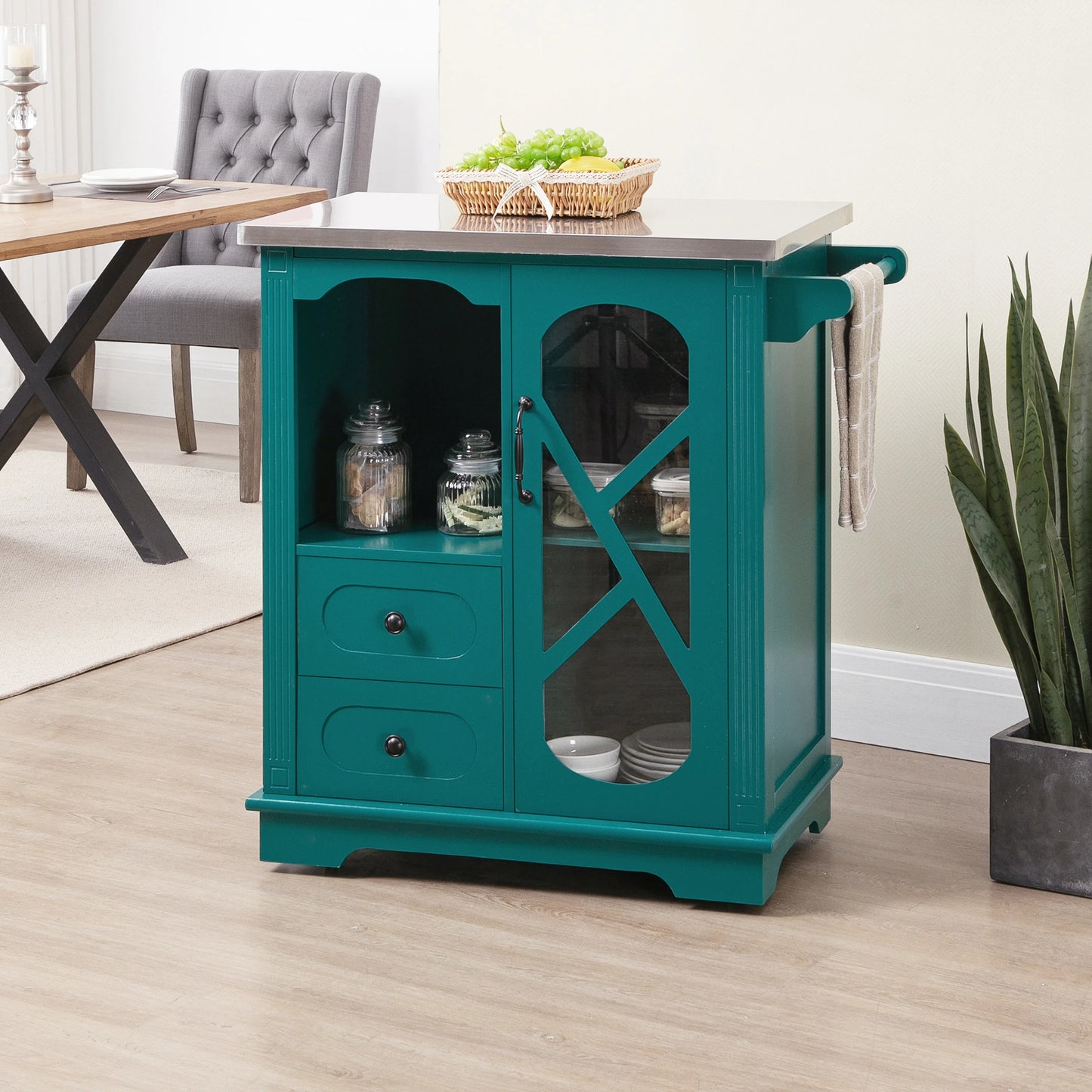 Rolling Kitchen Island Storage Cart, Kitchen Cabinet with Stainless Steel Top, Glass Door & Drawers for Kitchen, Green