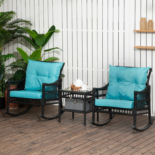 3 Pieces Outdoor PE Rattan Rocker Chair Set, Rocking Chair with Tempered Glass Table Top,25"x26"x28", Turquoise Green