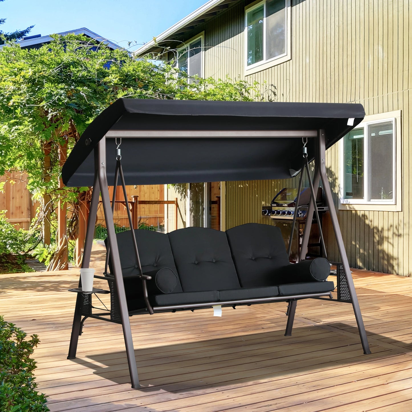 Outsunny Outdoor Patio 3-Person Steel Canopy Cushioned Seat Bench Swing with Included Sid