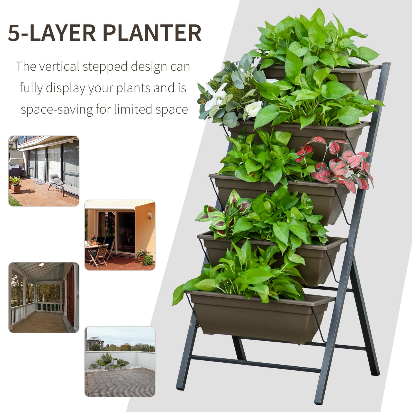 Outsunny 5-Tier Raised Garden Bed with 5 Planter Box, Grow Containers Plant Flower Vegetable Pot with Leaking Holes for Balcony Patio Outdoor, Black