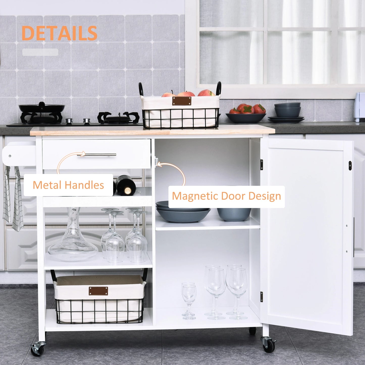 4-Tier Rolling Kitchen Island Utility Trolley Serving Cart Kitchen Storage Cart w/ Towel Rack, Butcher Block Countertop, Cabinet, Drawer, Shelves, White
13