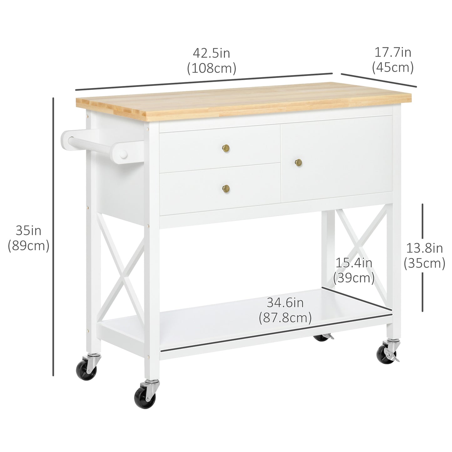 Utility Kitchen Cart Rolling Kitchen Island Storage Trolley with Rubberwood Top, 2 Drawers, Towel Rack, White