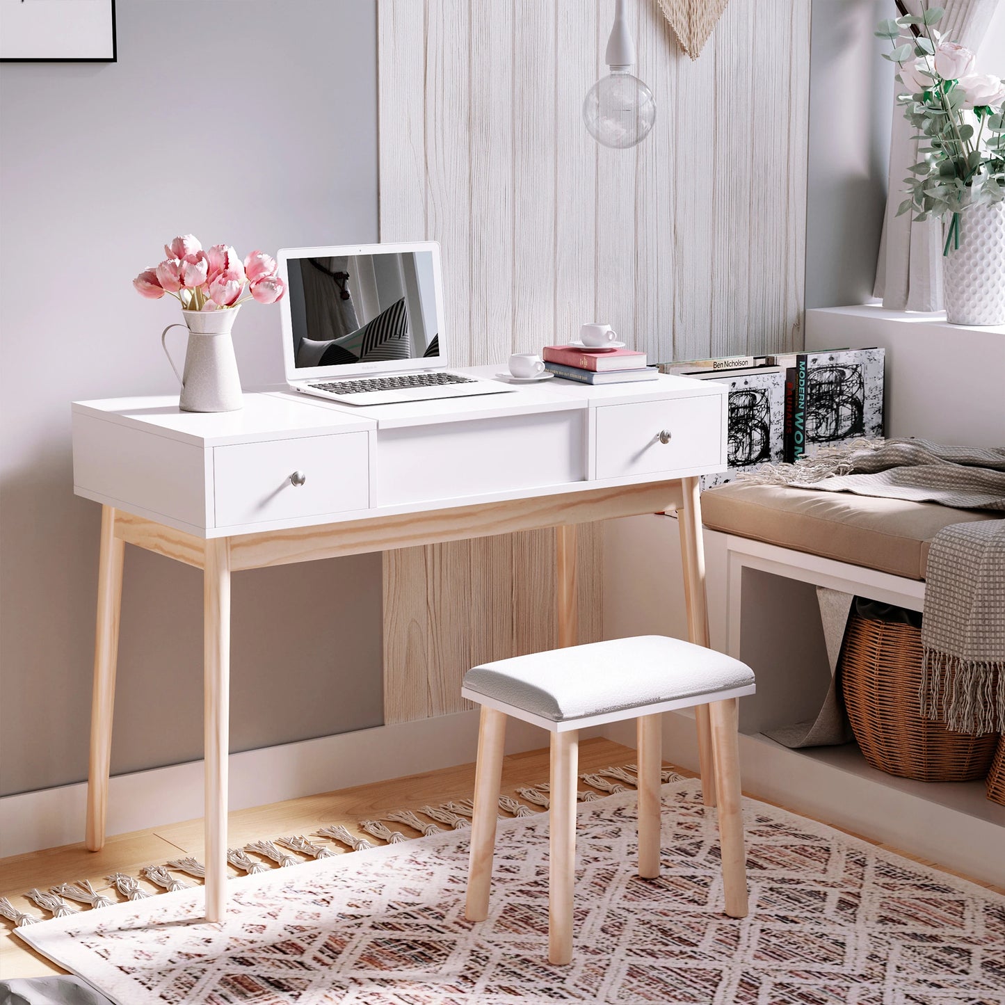 Dressing Table Set with Mirror 2 Drawers Cushioned Stool Makeup Table White