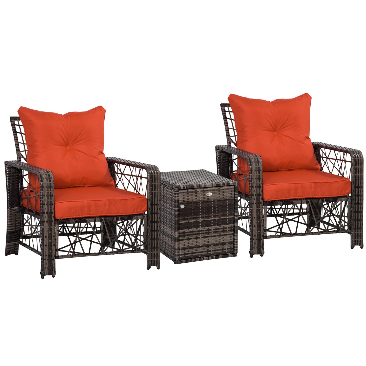 Outsunny 3 PCS Patio Wicker Coffee Table Set Bistro Conversation Furniture with Cushion & Storage Function Patio Yard Porch Red