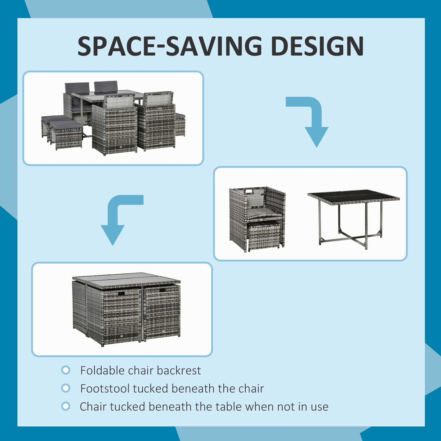 Outsunny 9 Piece Patio Wicker Dining Set Rattan Garden Sectional Sofa Outdoor Space-Saving Armchair & Ottoman Furniture Sets w/ Cushion, Grey