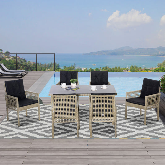 Outsunny 7 Pieces Outdoor PE Rattan Dining Set, Patio Wicker Armrests Chair Conversation Furniture w/ Tempered Glass Table Top, Black