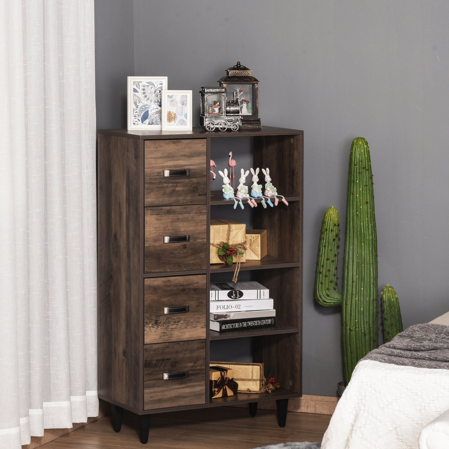 4-Drawer Dresser Storage Cabinet with 4-Tier Shelves for Living Room & Bedroom