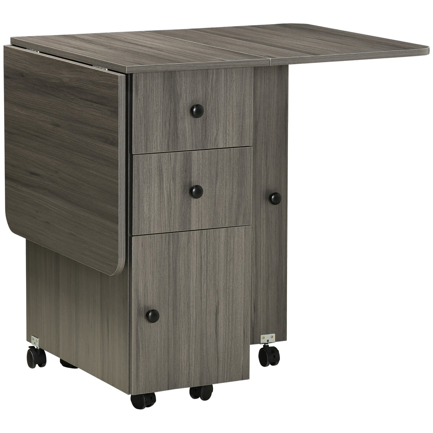 Foldable Dining Table, Rolling Kitchen Table With Storage Drawers and Cabinet, Drop Leaf Table on Wheels, Grey