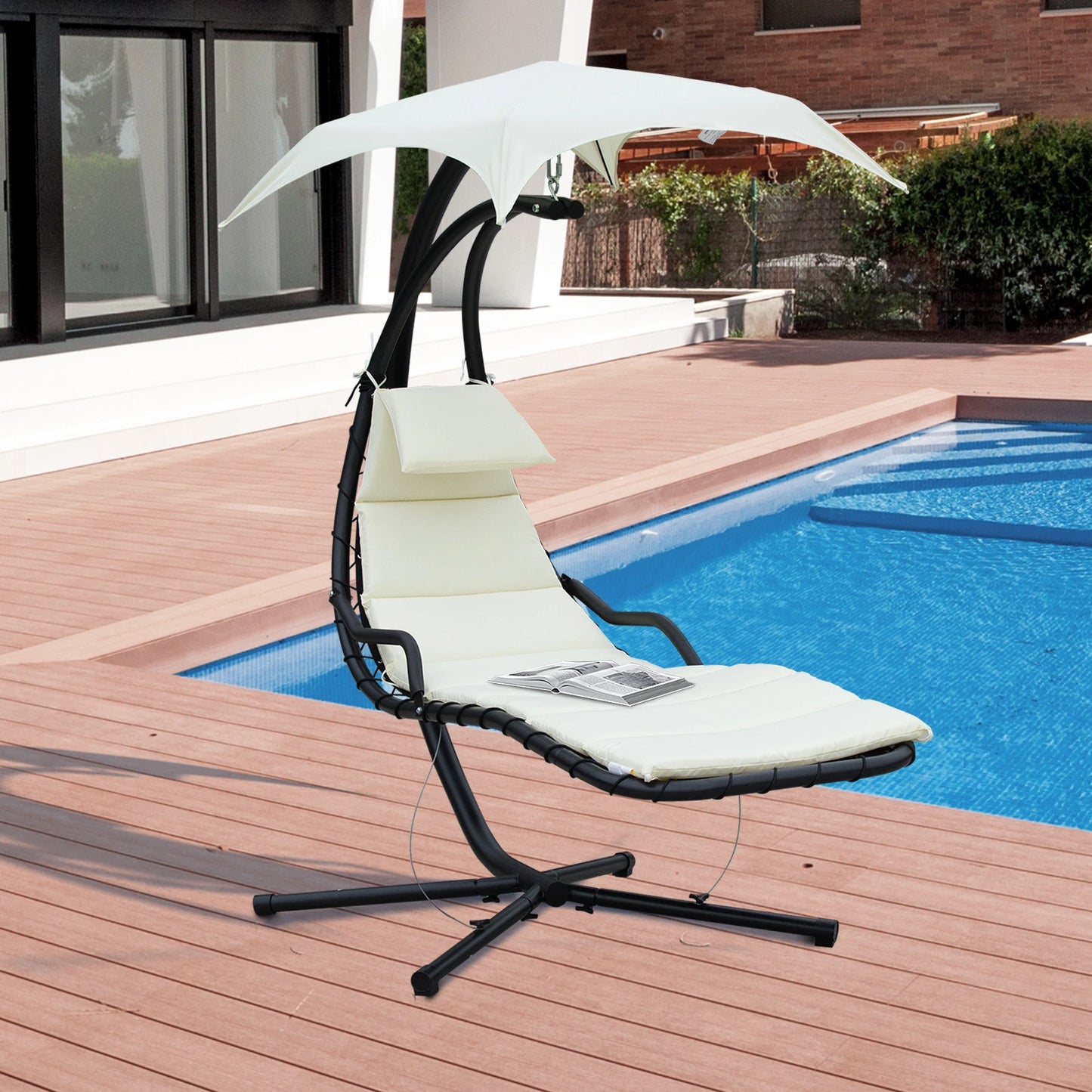 Outsunny Swing Chair Outdoor Hanging Hammock Chaise Lounge with Stand and Canopy Cream White