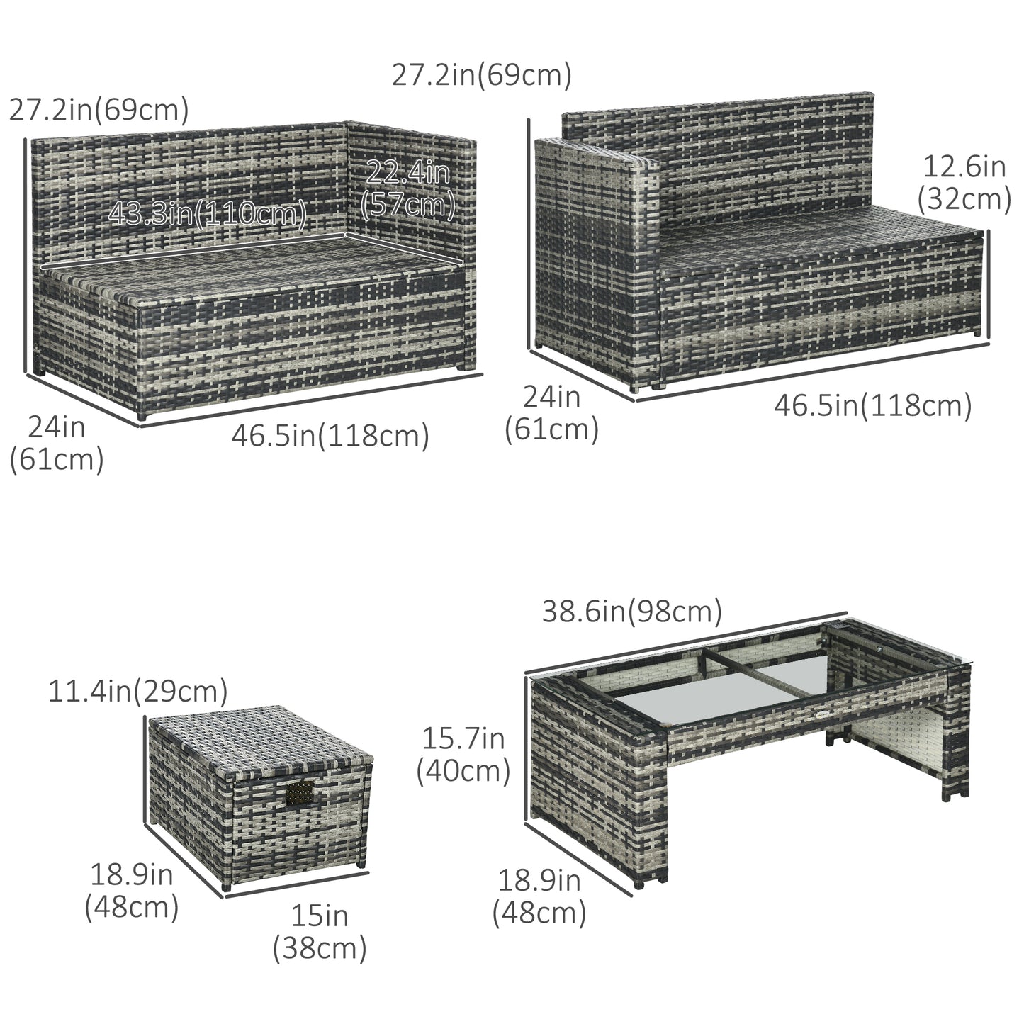 Outsunny 6 Piece Rattan Garden Furniture Set, 8-Seater Outdoor Sofa Sectional with 3 Loveseat Wicker Sofa with Cushions, 2 Footstools and Glass Table for Yard, Poolside, Gray