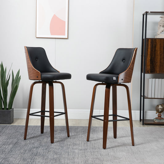 Counter Height Bar Stools Set of 2 PU Leather Swivel Barstools with Footrest and Tufted Back, Black