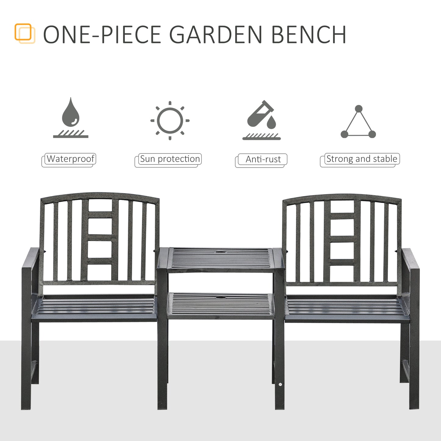 Outsunny Steel Garden Bench w/ Middle Table Umbrella Hole Double Seat for Outdoor Patio Backyard Weather-Resistant Frame Black