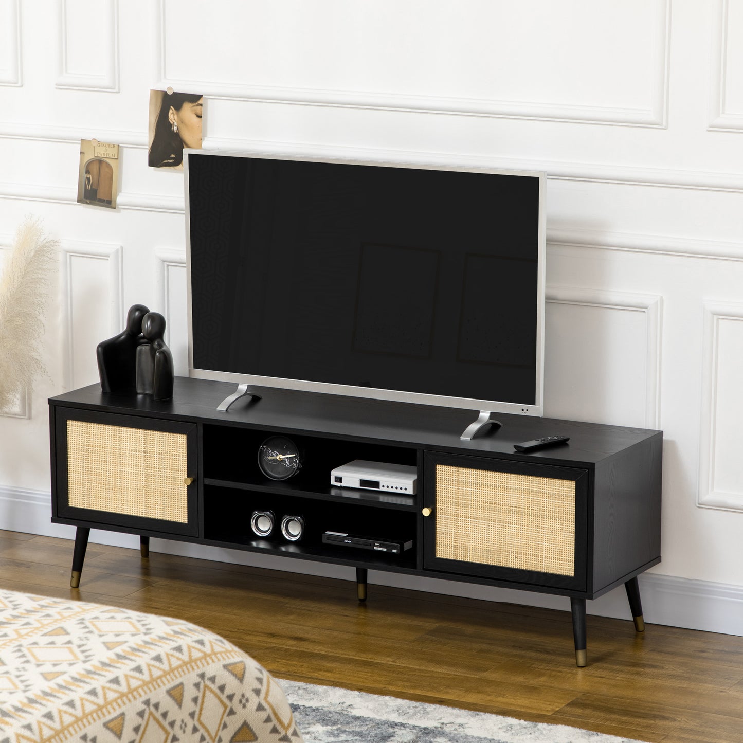 TV Cabinet Stand for TVs up to 55 Inches, Entertainment Centre with Shelves and Rattan Doors for Living Room