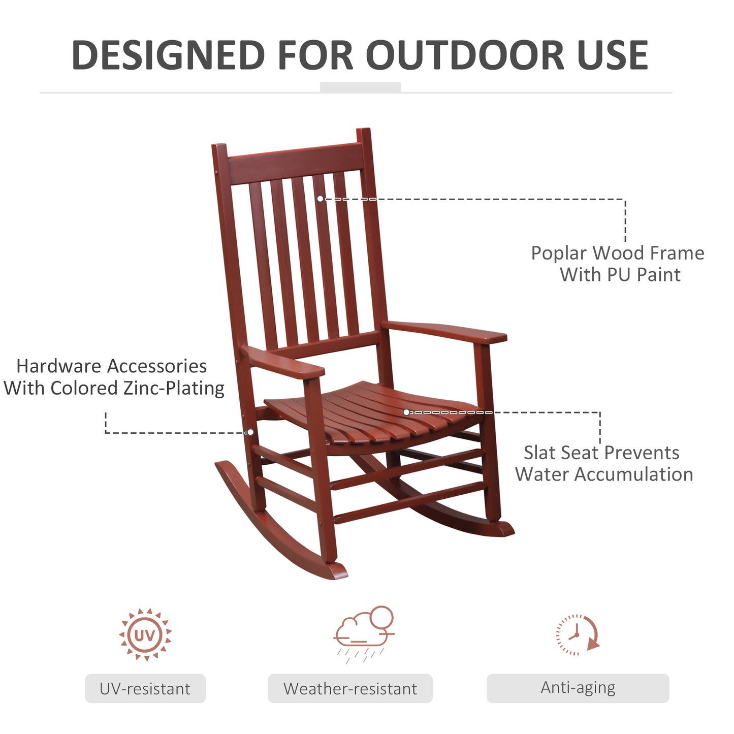 Wooden Porch Rocking Chair Outdoor Patio Rocker Garden Single Leisure Reclining Seat Armchair Wine Red