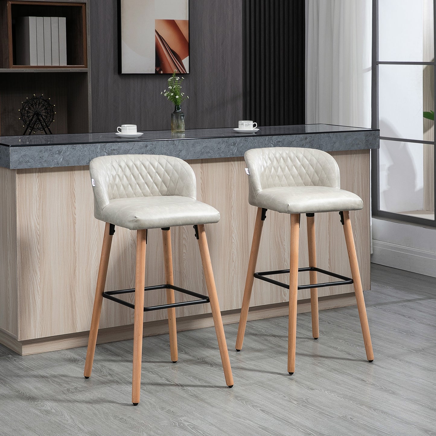 Bar Stool Set of 2 PU Leather Padded Counter Height Bar Stools with Footrest and Adjustable Feet for Home Kitchen White