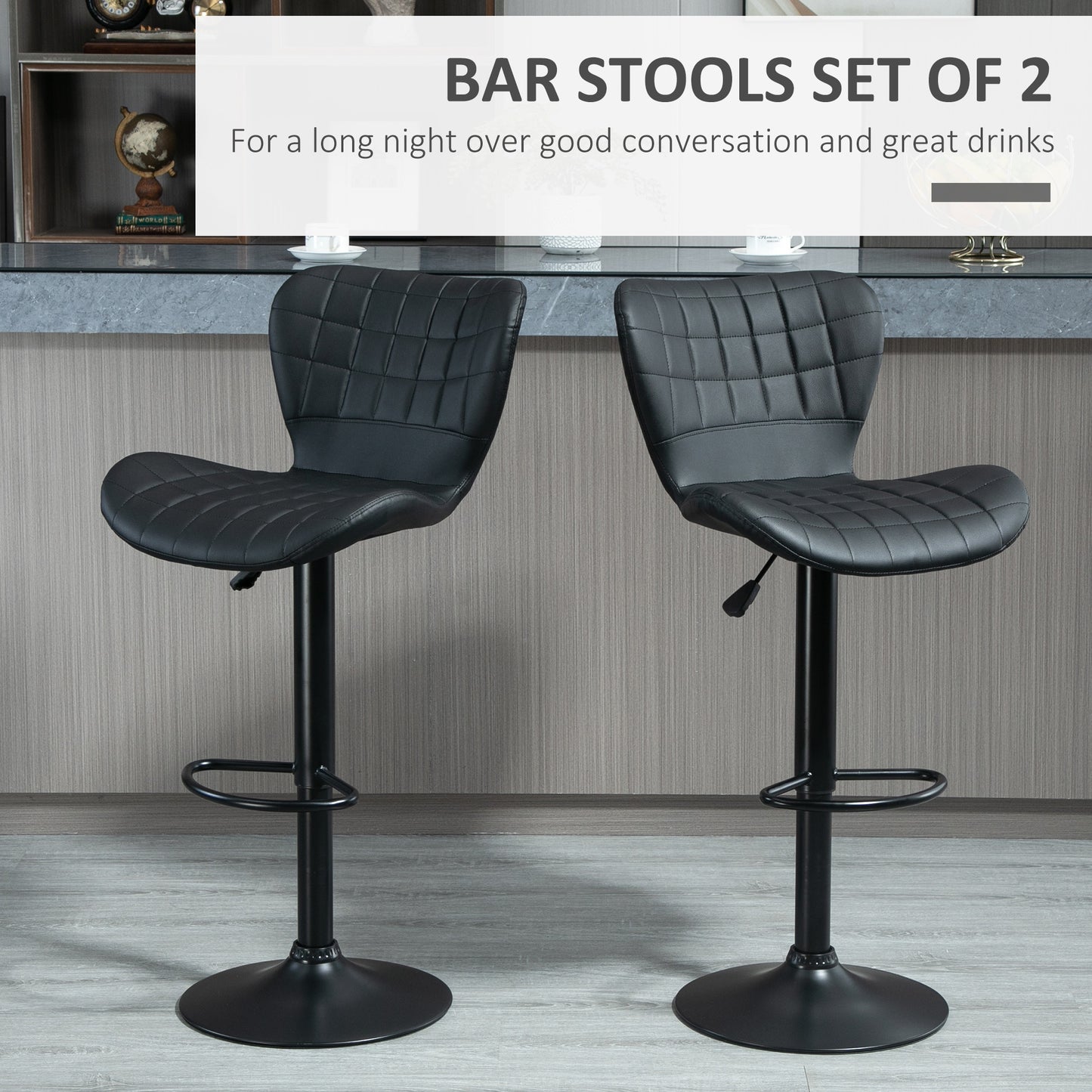 Bar Stools Set of 2 Adjustable Height Swivel Bar Chairs in PU Leather with Backrest & Footrest, Black