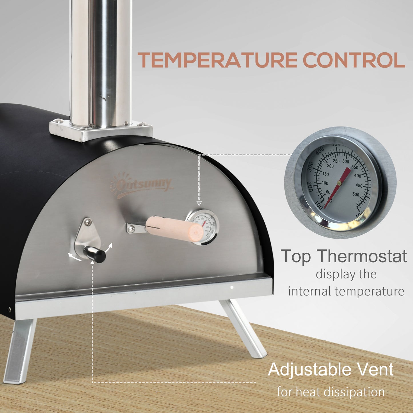 Outsunny Outdoor Portable Pizza Oven Pellet Pizza Maker Grill with Foldable Legs Thermometer Pizza Stone Anti-scald Handles Stainless Steel Body