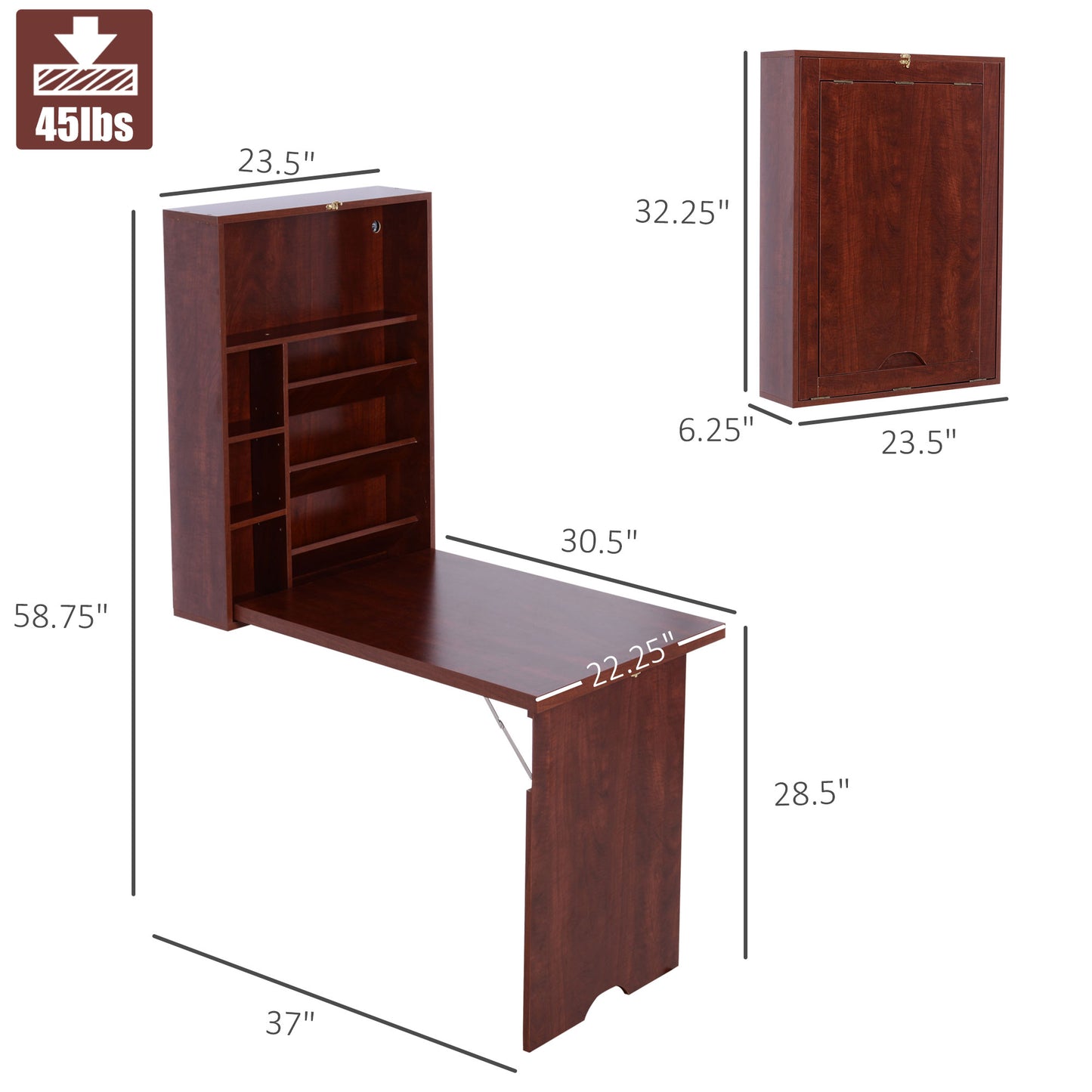 Wall Mounted Desk Fold out Convertible Table Shelf Office Mahogany