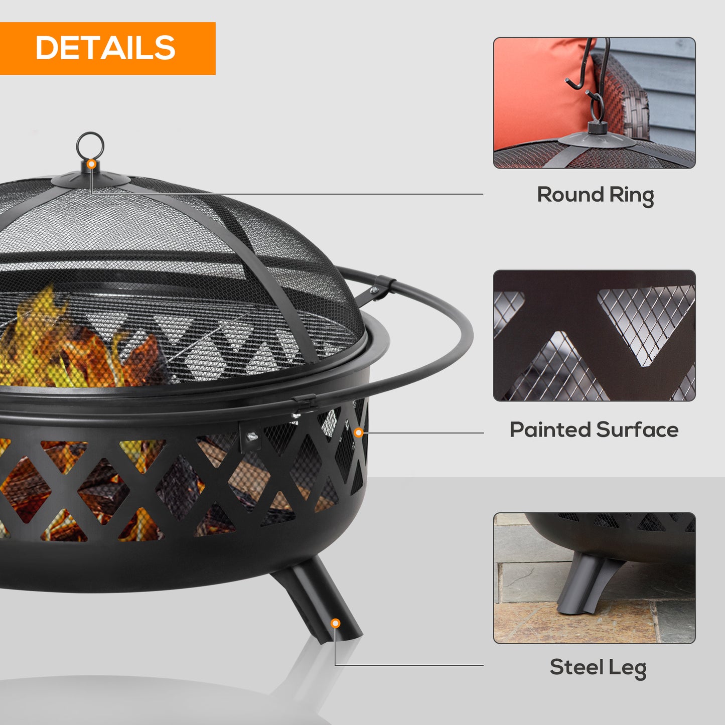 2-in-1 Outdoor Fire Pit with BBQ Cooking Grill, Round Firepit Bowl with Spark Screen Cover, Poker for Backyard Bonfire