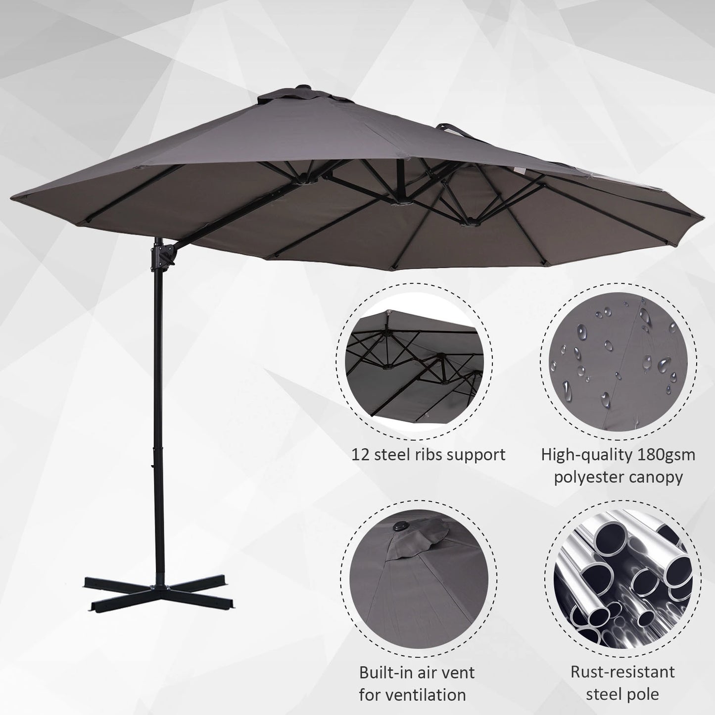 Outsunny Outdoor Patio Umbrella Offset Cantilever Umbrella with Twin Canopy Sunshade Umbrella with Lift Crank Grey