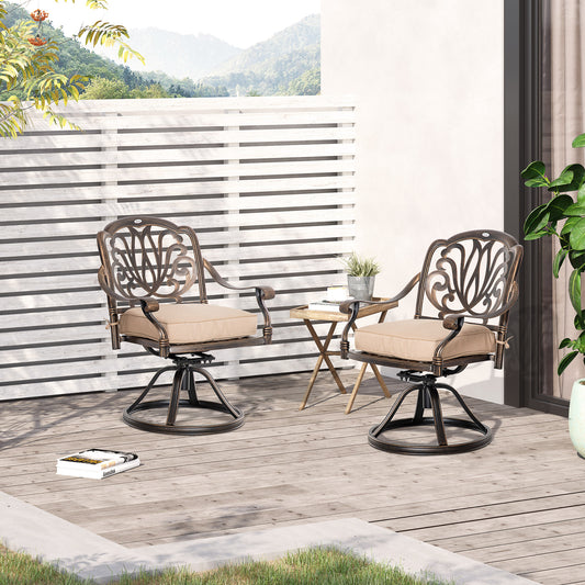 Outsunny 2-Piece Outdoor Bistro Set, 360° Swivel Aluminum Frame Rocking Chairs with Cushion, Garden Furniture, Bronze