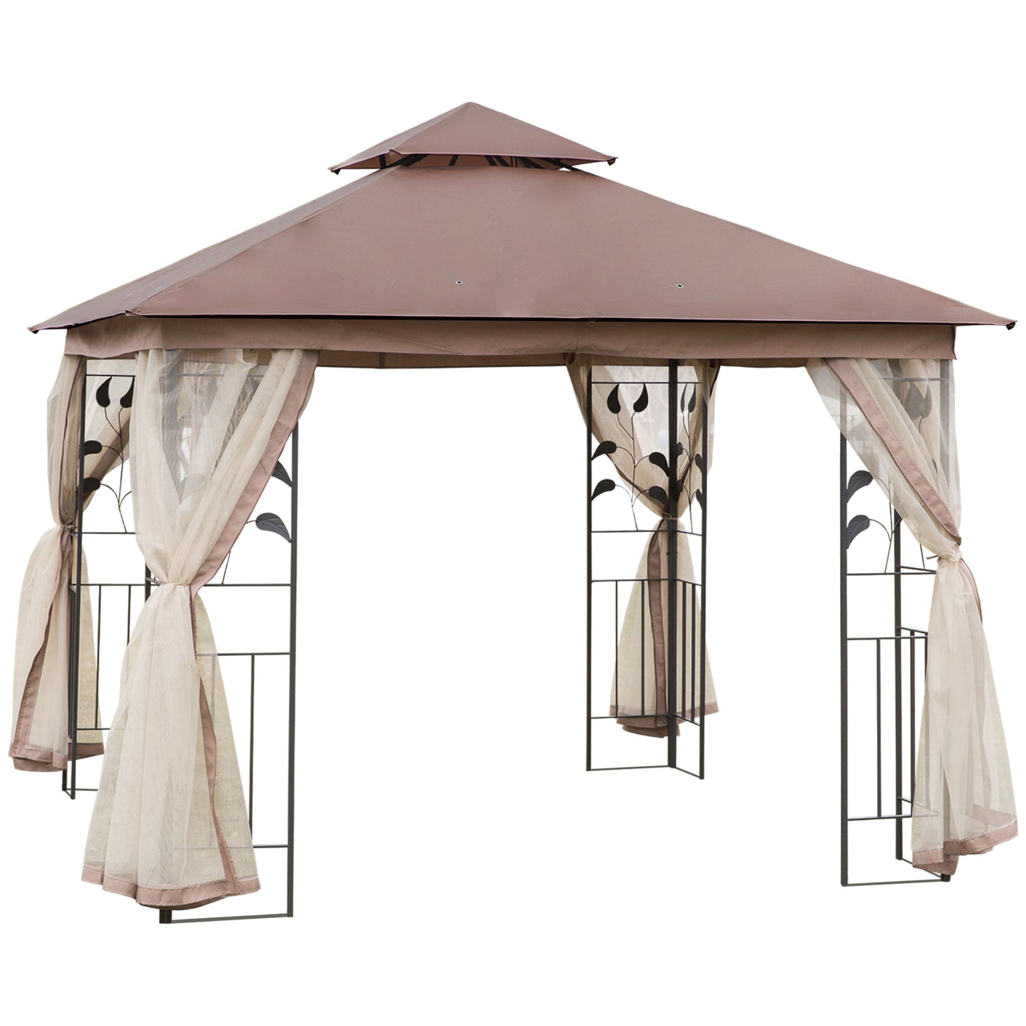 10' x 10' Patio Gazebo, Outdoor Gazebo Canopy with 2-Tier Polyester Roof and Mosquito Netting for Patio, Garden, Lawn , Brown