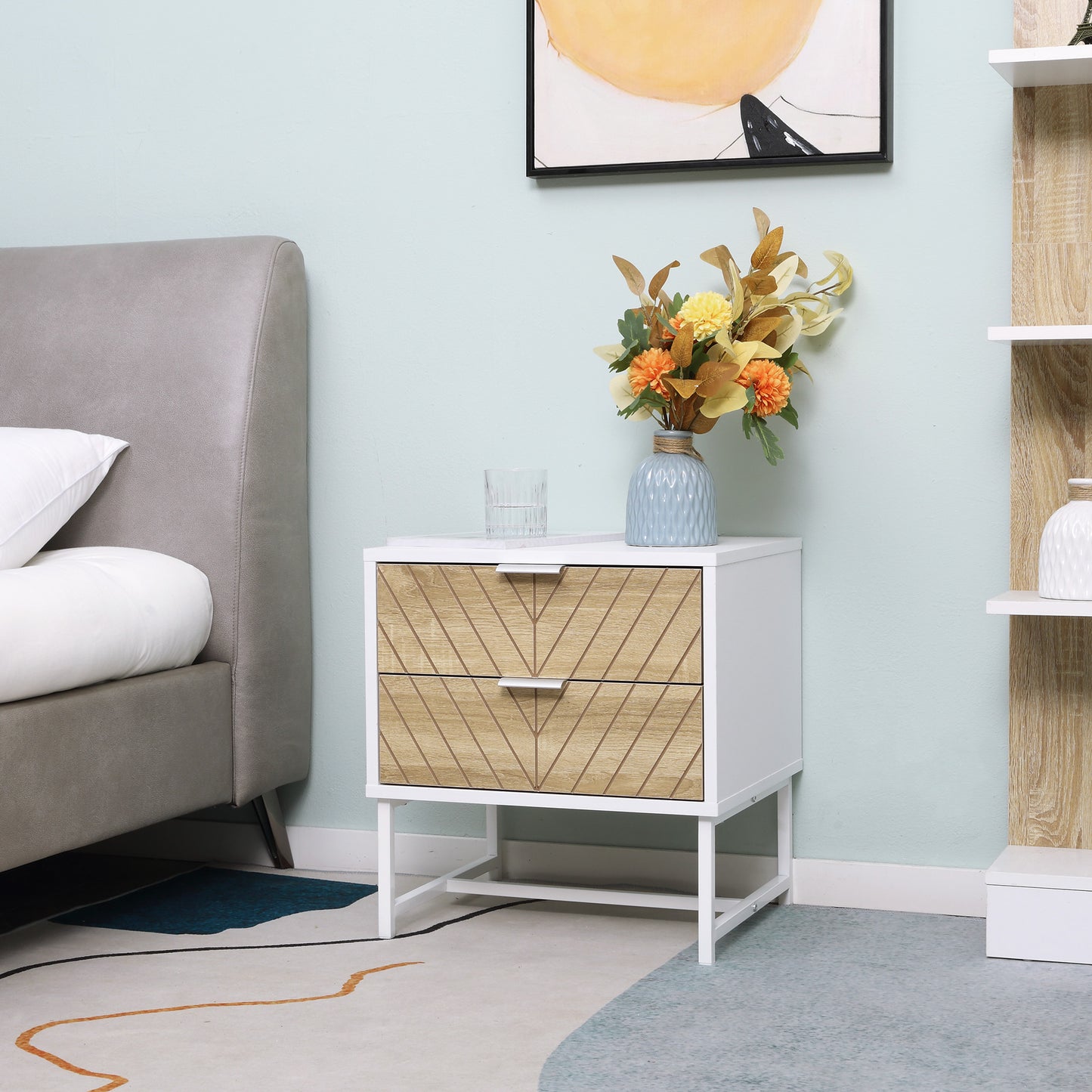 Modern Bedside Table with 2 Drawers and Steel Frame, Sofa Side Table for Bedroom Living Room, White and Oak