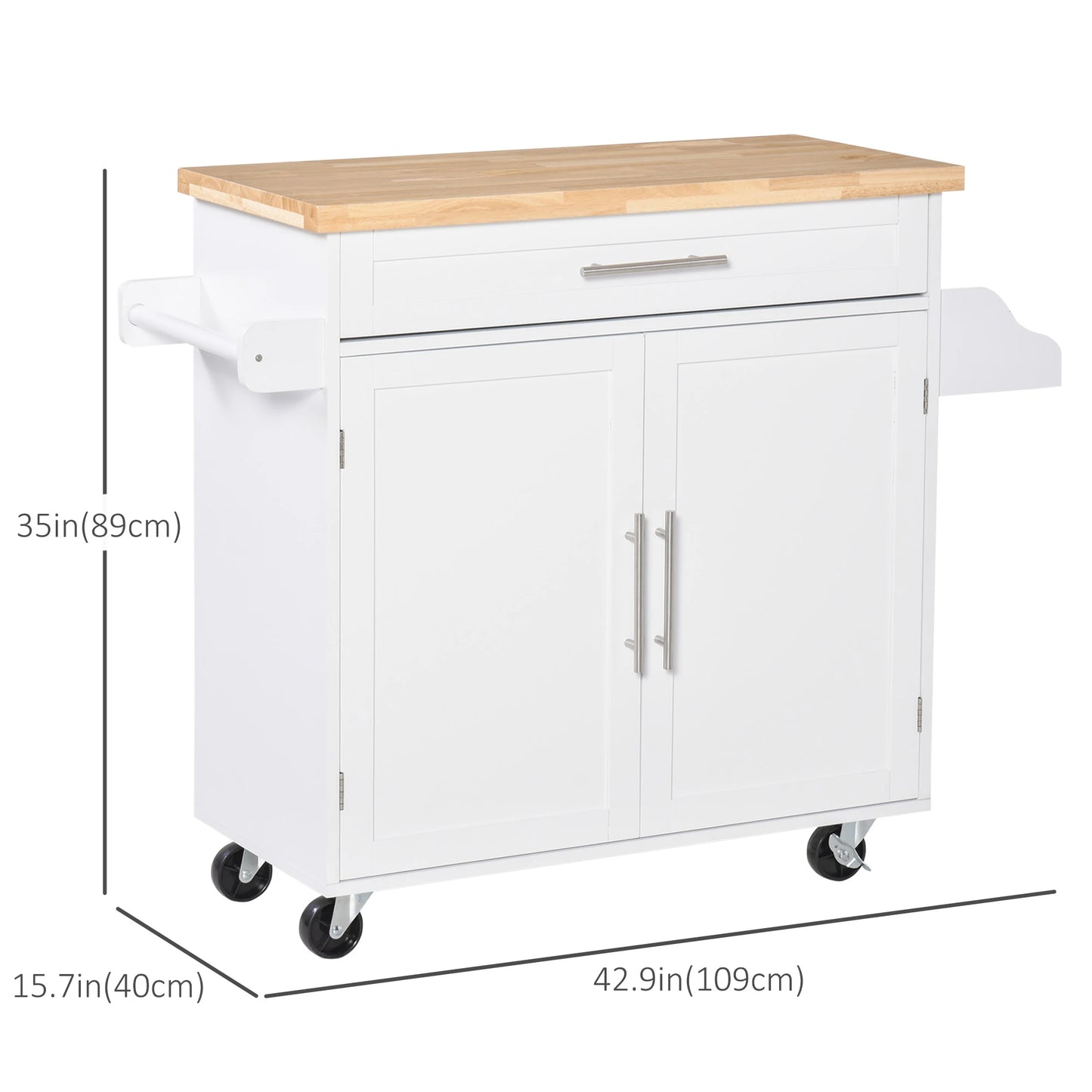 Kitchen Island with Storage, Rolling Cart Trolley with Rubberwood Top, Drawer, Spice Rack, Towel Rack, White