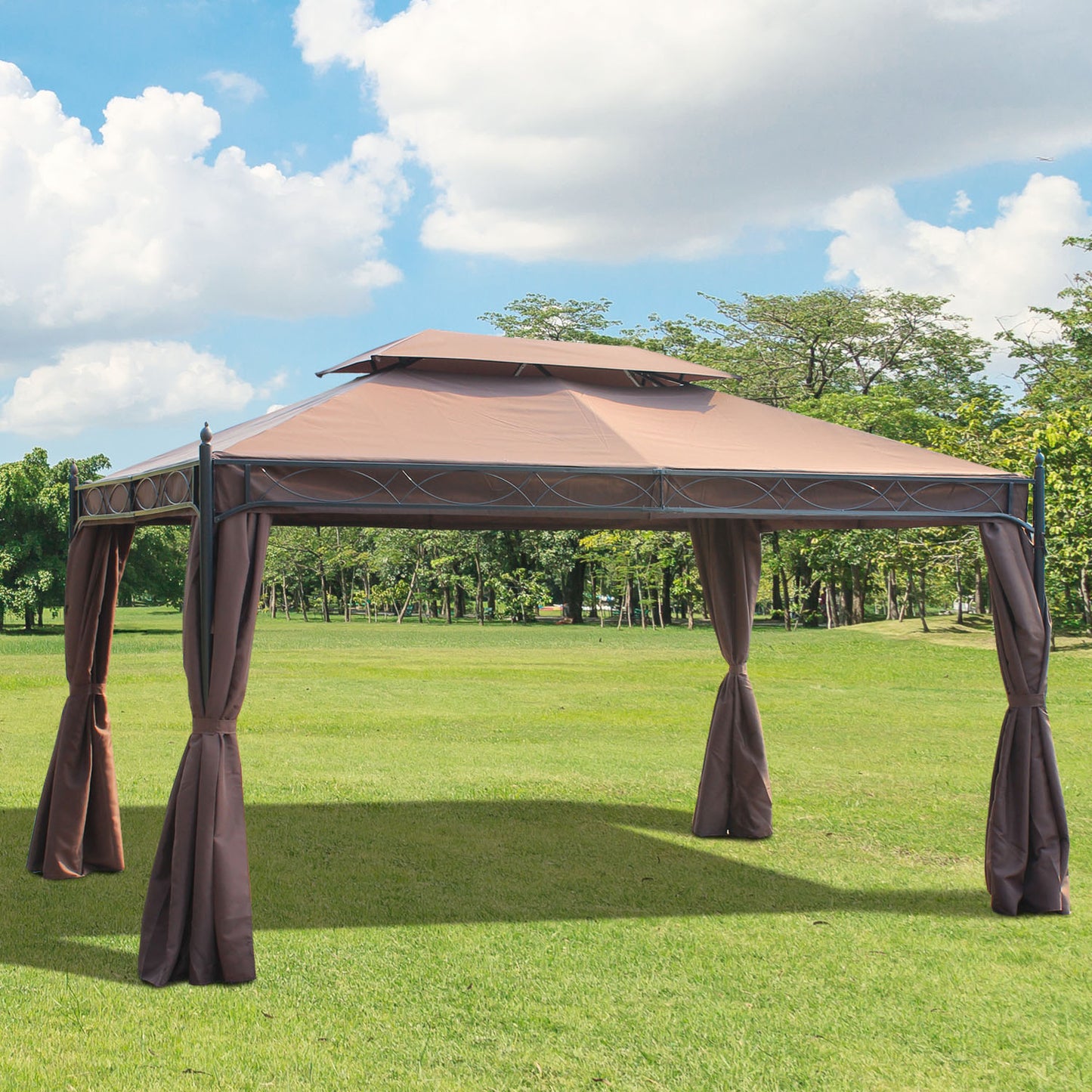 Outsunny 10x13ft Garden Gazebo Double-Tiered with Curtain Outdoor Shelter Backyard Canopy, Coffee