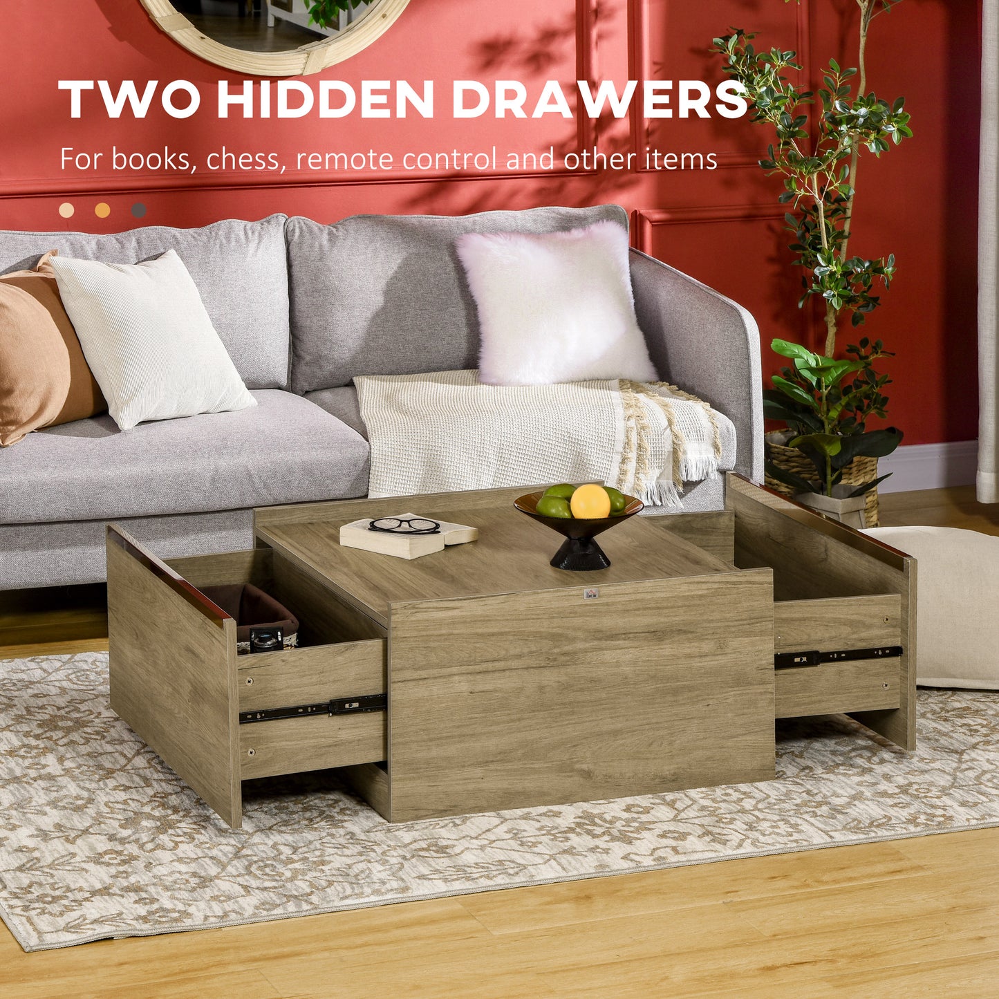 Coffee Table with Hidden Storage Drawers, Modern Center Table for Living Room Home Office, Oak