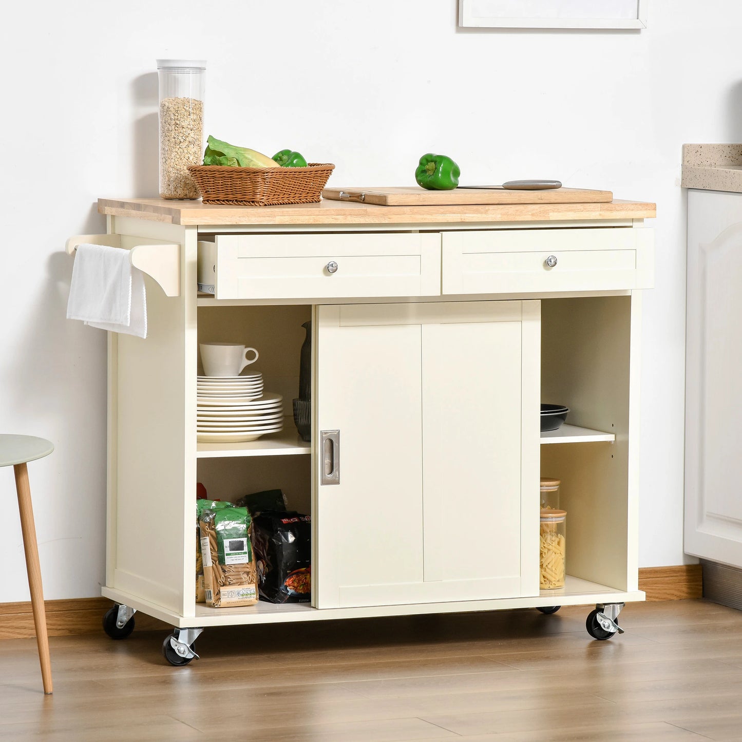 Rolling Kitchen Island Utility Trolley Storage Cart with Rubberwood Top, 2 Drawers, Towel Rack, Cream White