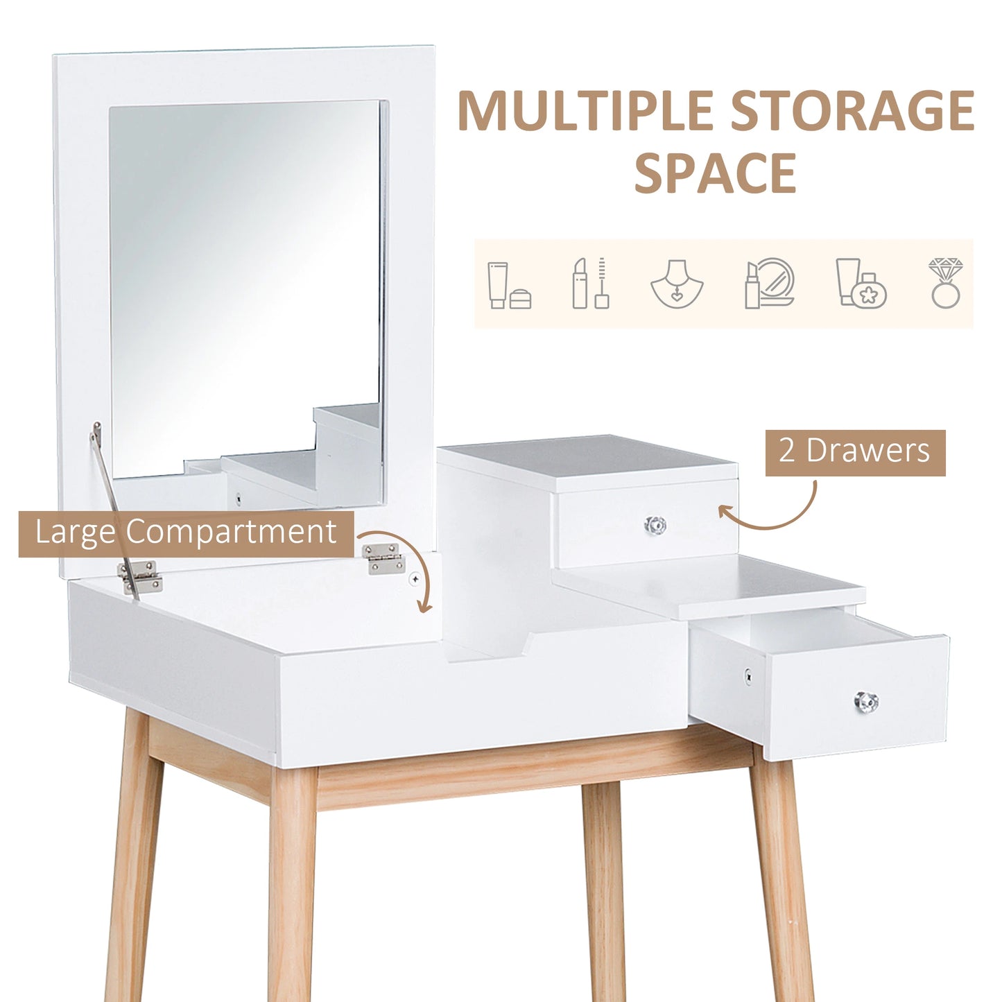 Modern Dressing Table with Mirror, Make Up Desk with Flip-up Top, 2 Drawers, White