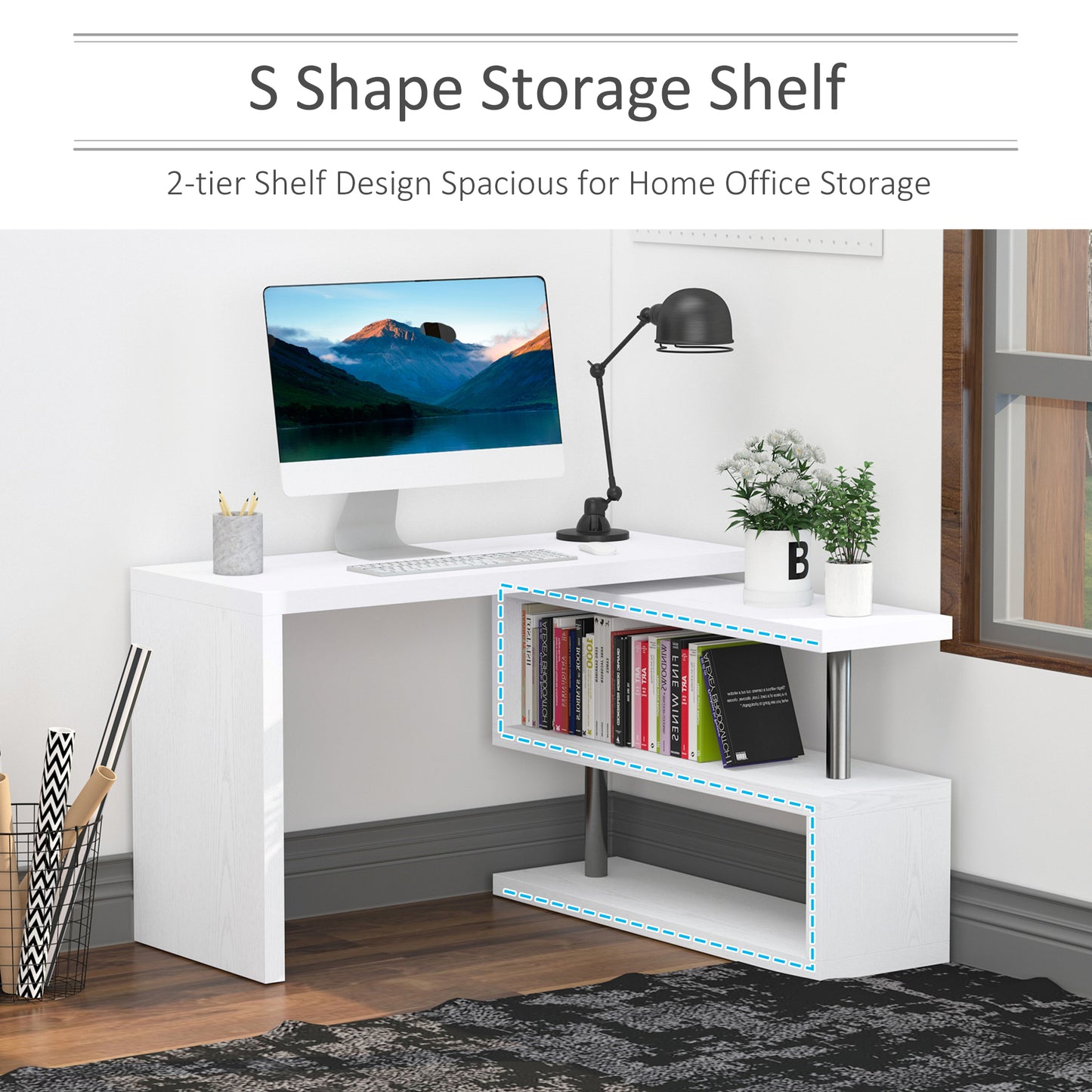 L-Shaped Desk, 360° Rotating Computer Corner Desk, Home Office Writing Table Workstation with Storage Shelf, White