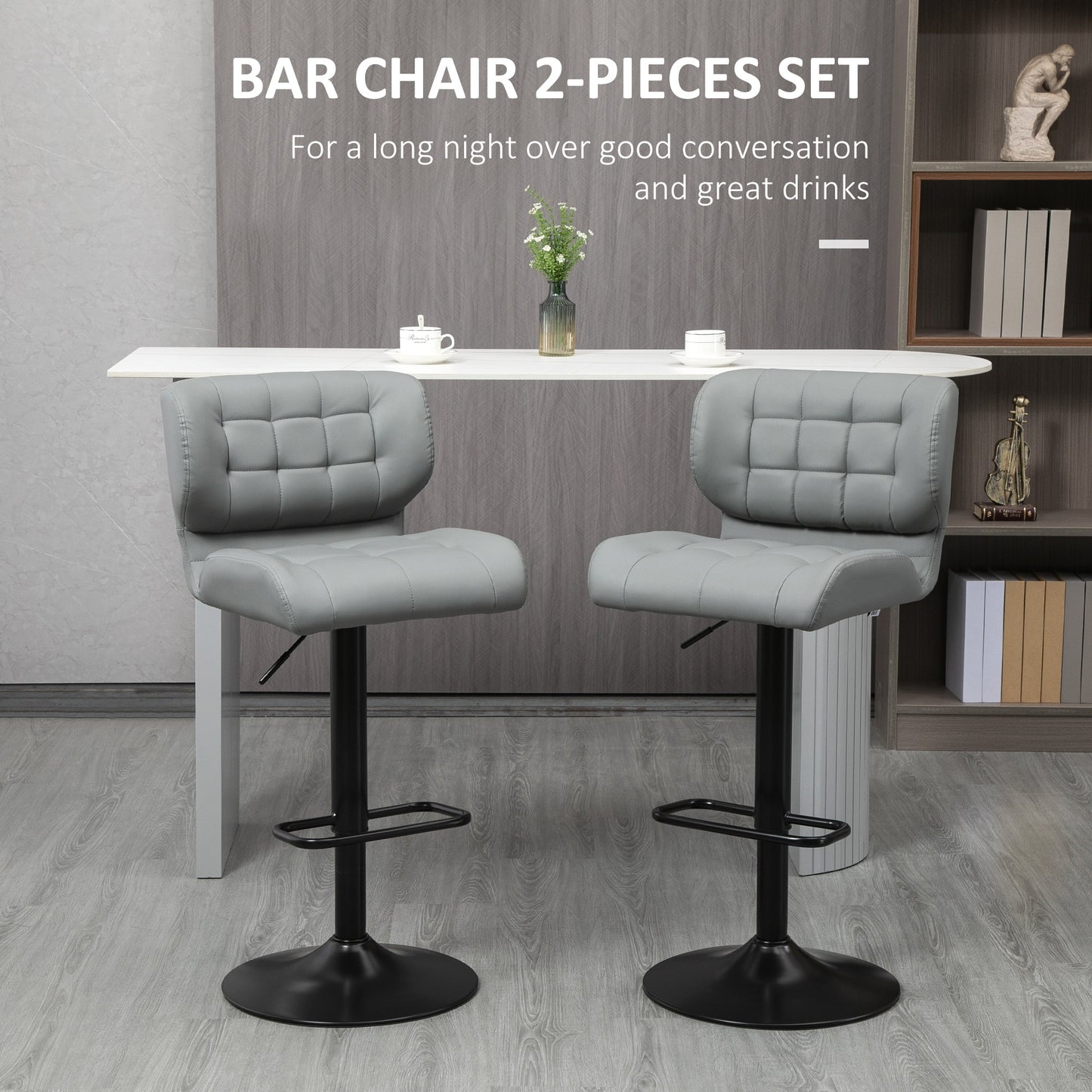 Adjustable Bar Stools Set of 2, Swivel Tufted PU Leather Barstools with Footrest and Back, for Kitchen Counter and Dining Room, Grey