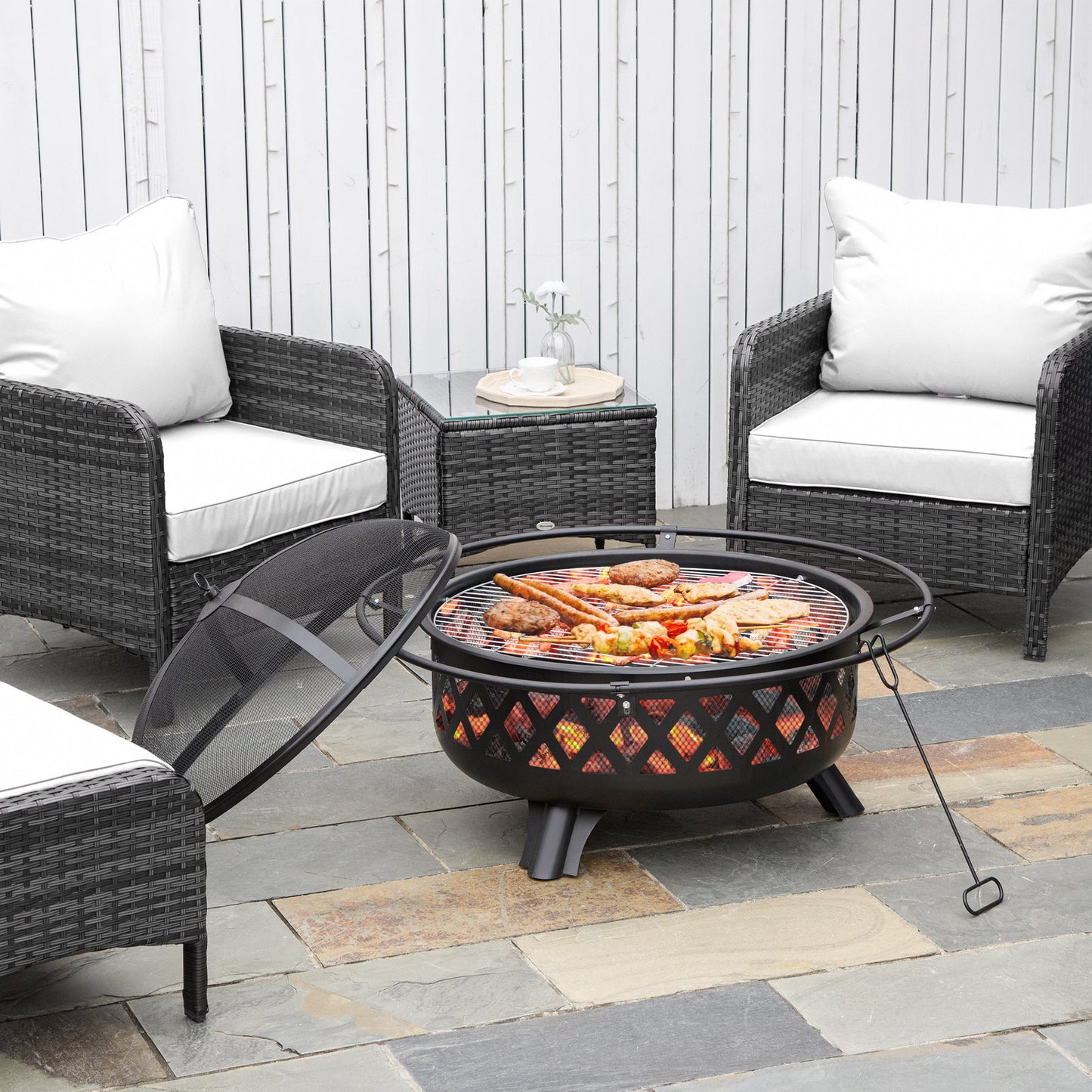 2-in-1 Outdoor Fire Pit with BBQ Cooking Grill, Round Firepit Bowl with Spark Screen Cover, Poker for Backyard Bonfire