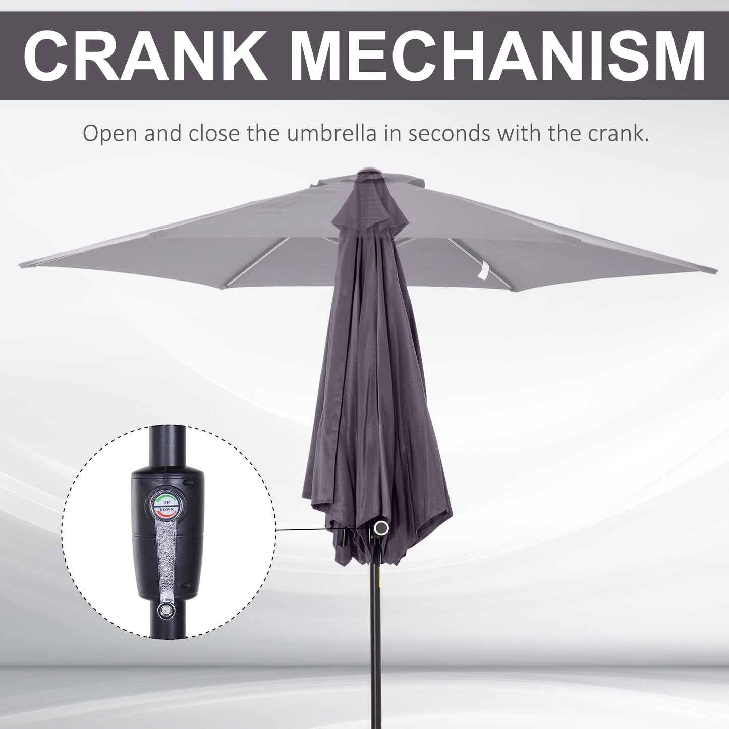 Outsunny 9' Round Aluminum Patio Umbrella 6 Ribs Market Sunshade Tilt Canopy w/ Crank Handle Garden Parasol Grey