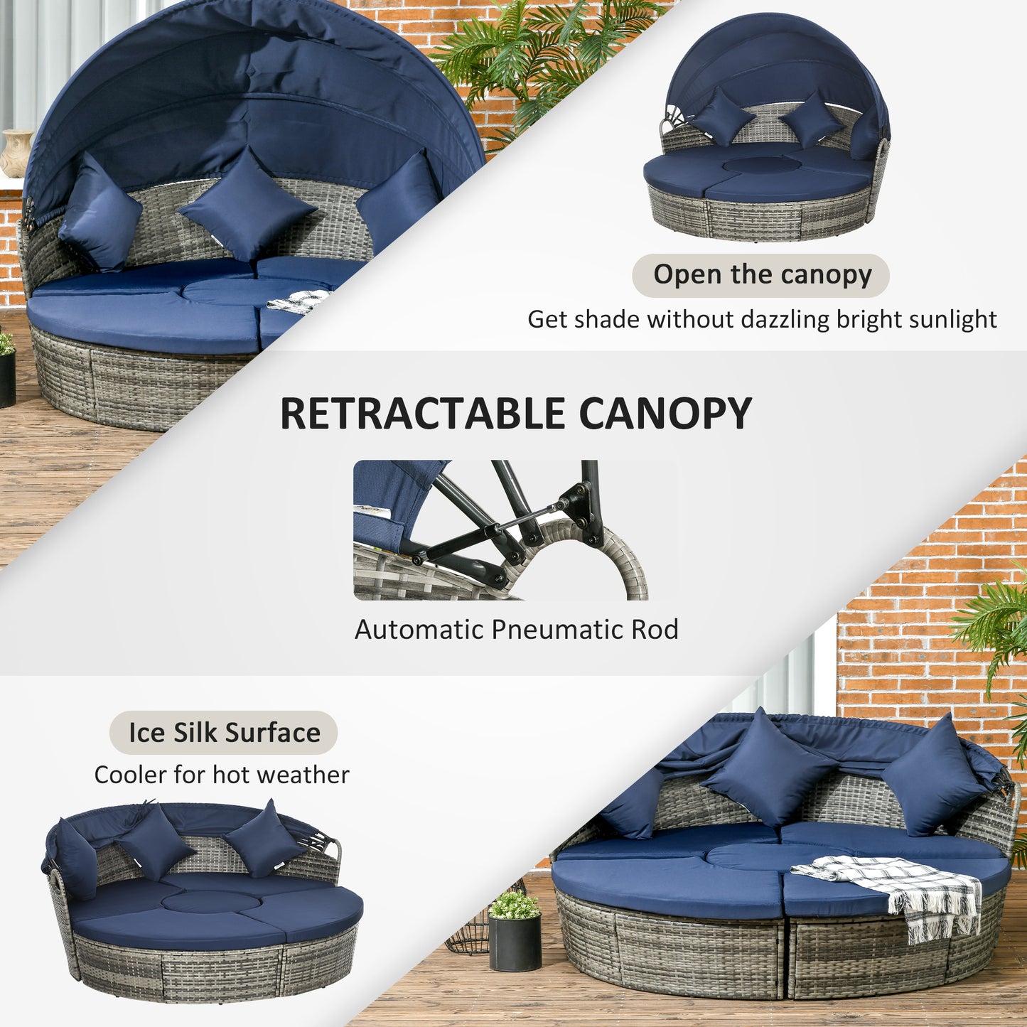 Outsunny 4 Pieces Outdoor Daybed, Patio Lounge Chair with Cushioned Round Sofa Bed, Sectional Patio Conversation Furniture Set with Canopy & Coffee Table, Dark Blue