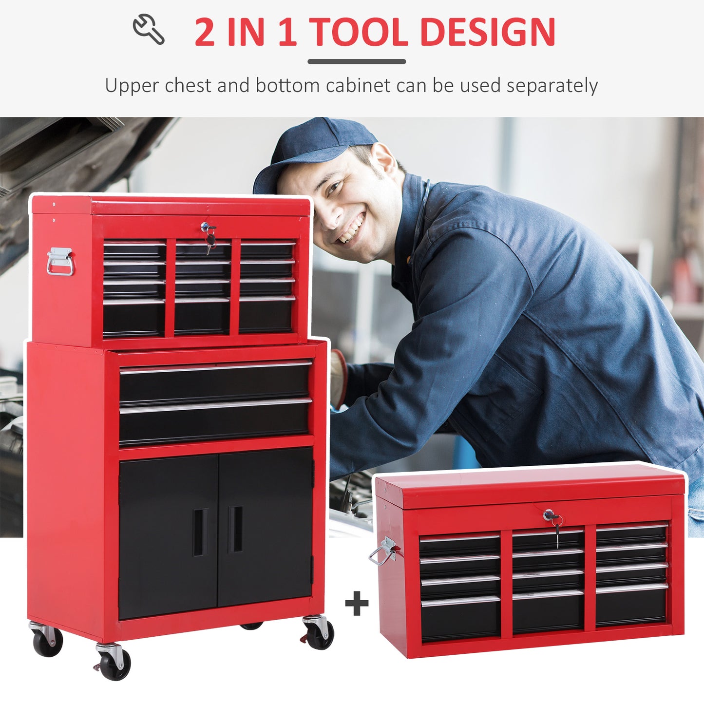 Rolling Tool Chest with Wheels and Drawers, 6-Drawer Tool Storage Cabinet, Detachable Organizer Tool Box Combo, Mobile Lockable Toolbox for Workshop Mechanics Garage