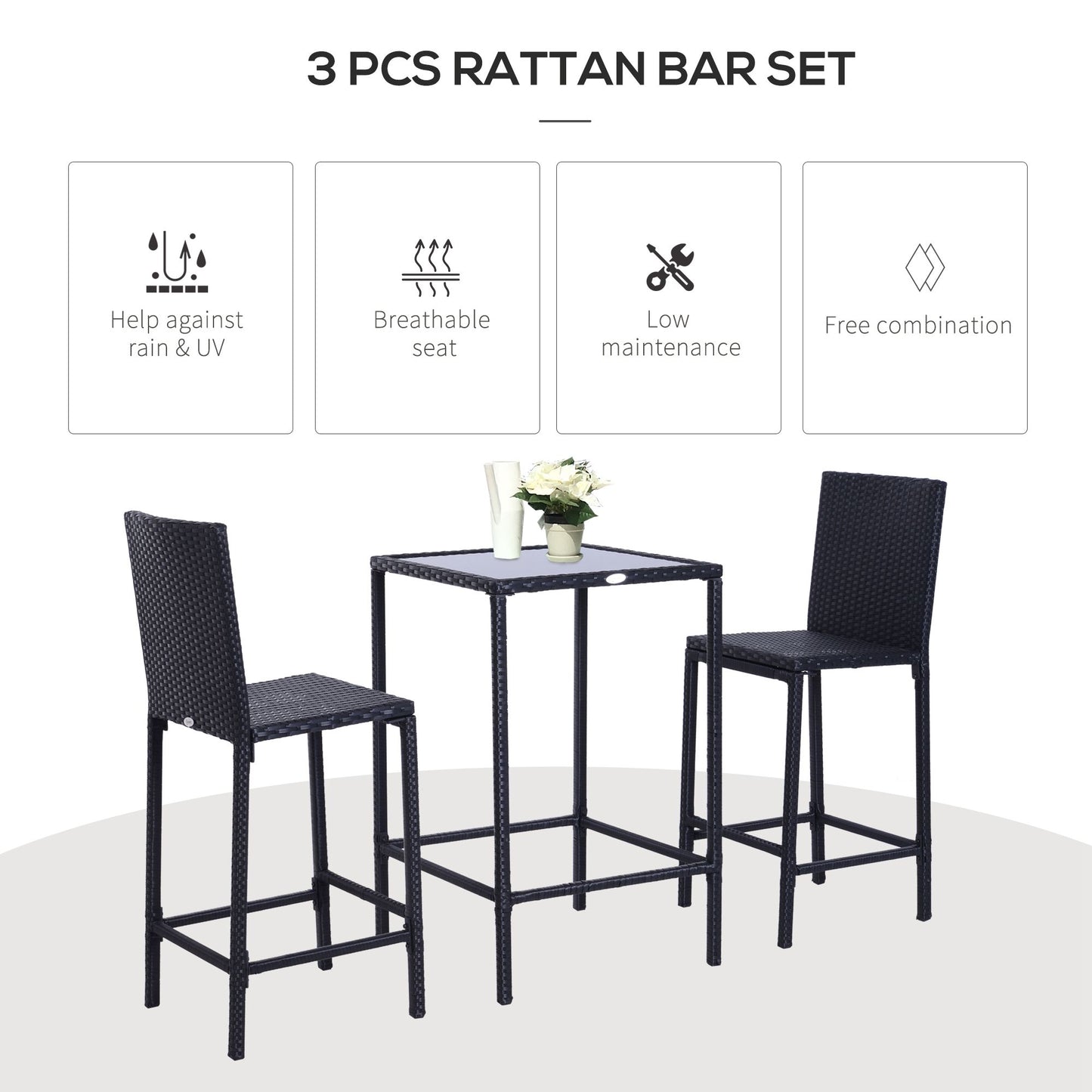 Outsunny 3 Pieces Patio Bar Set Wicker Rattan Garden Deck Bistro Set Barstool and Table Outdoor Furniture for Patios Backyards Balcony Gardens Poolside, Black