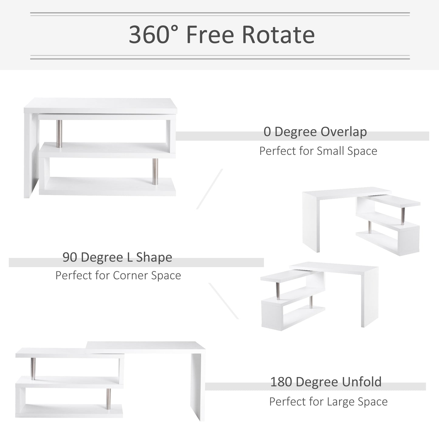 L-Shaped Desk, 360° Rotating Computer Corner Desk, Home Office Writing Table Workstation with Storage Shelf, White