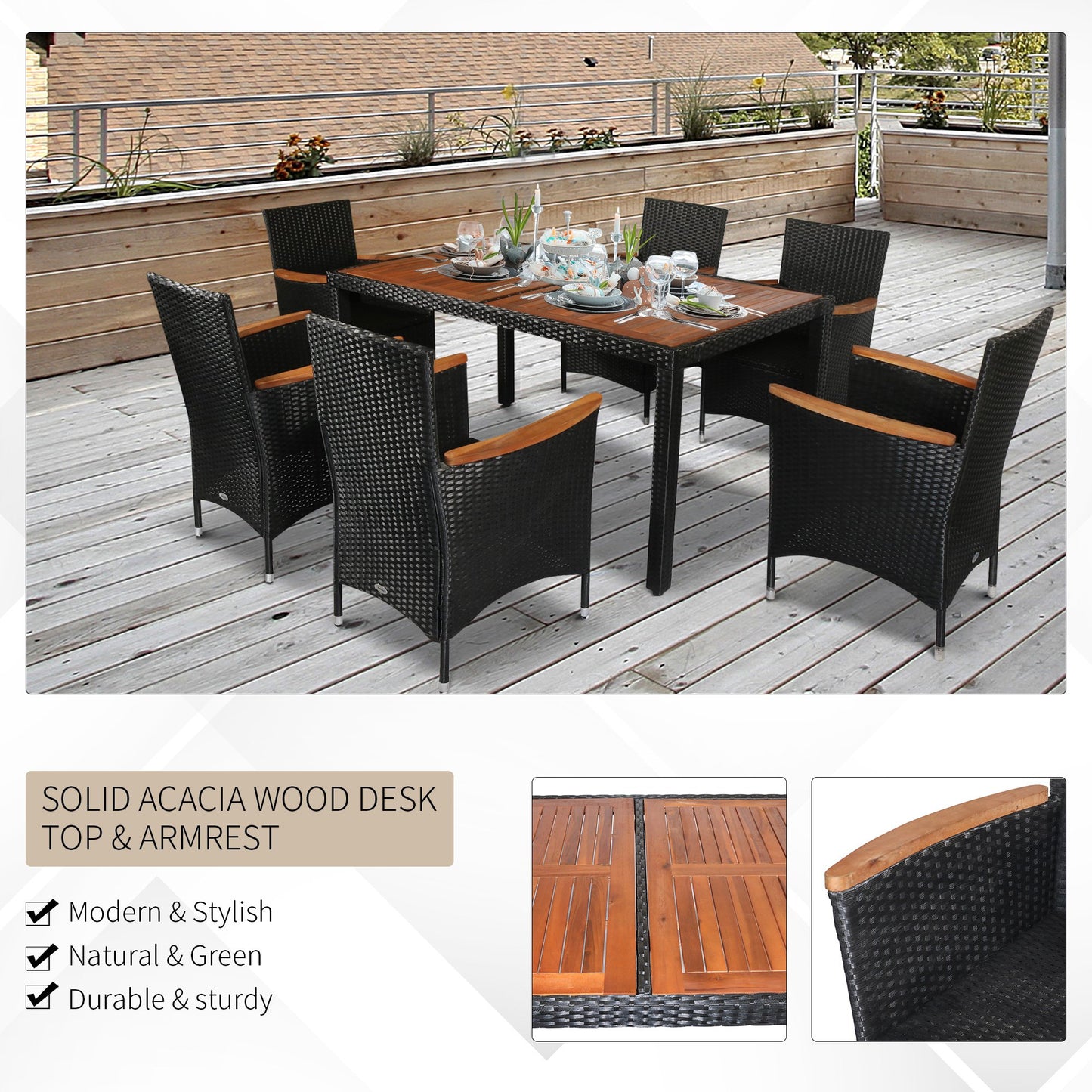 Outsunny 7 Piece Patio Wicker Dining Set w/Acacia Wood Table Top & Soft Oushion Grey