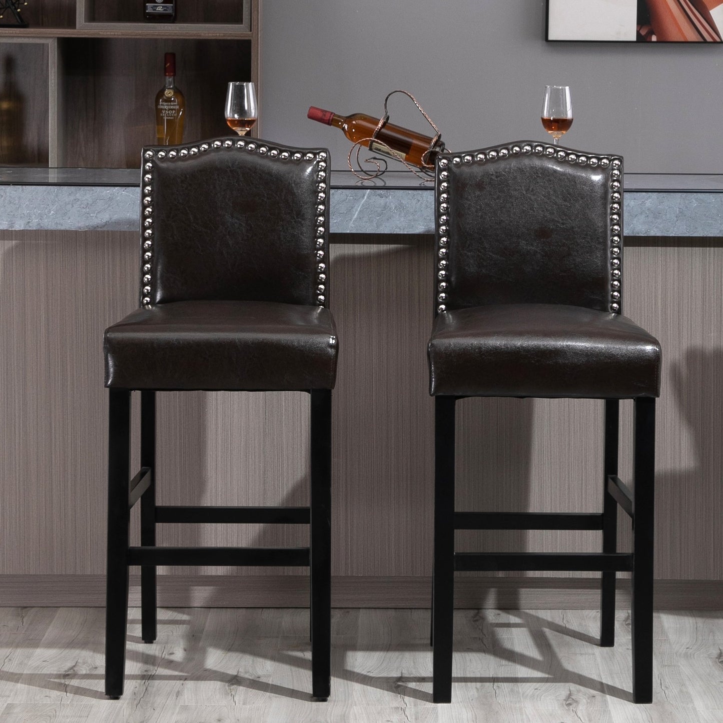 2 Pieces Retro Style Bar Stools Tall Chair with Back Footrest for Home Pub