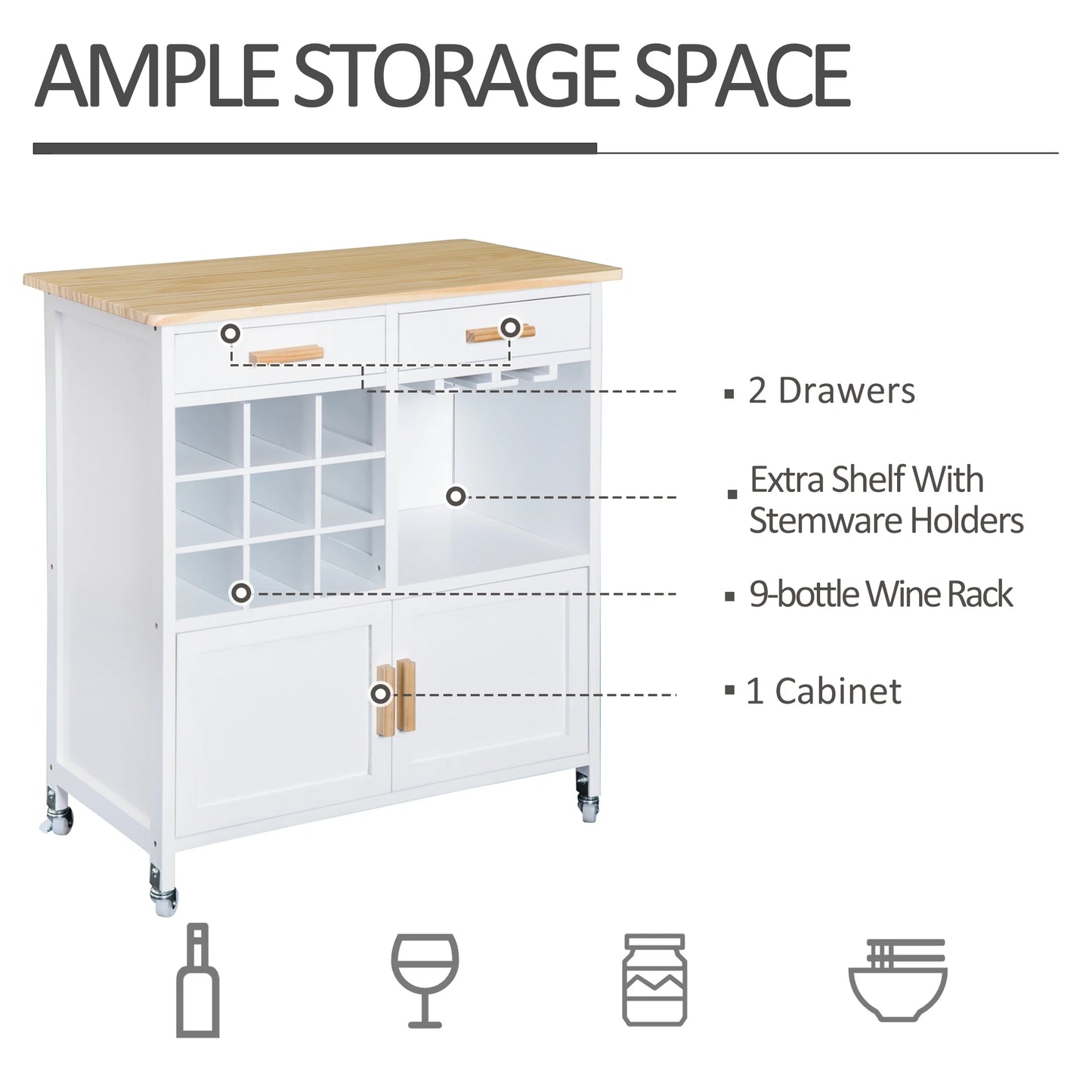 Portable Kitchen Trolley with Bamboo Top Storage Cabinet and Wine Rack (White)